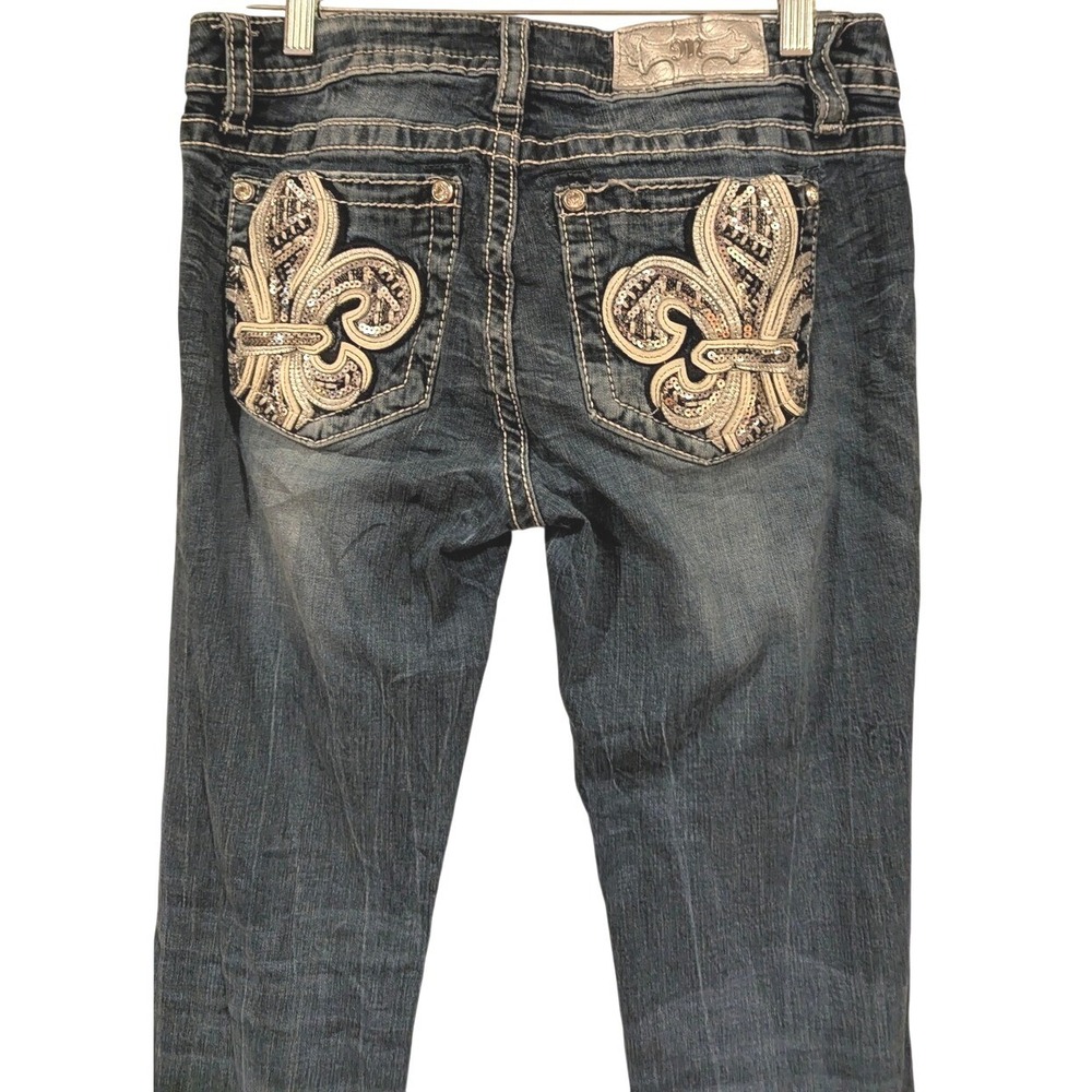 Miss Me Signature Boot Jeans Sz 29 Fleur De Lis Sequin Flap Pocket Bootcut Bling